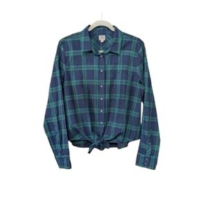 J Crew Cotton Button Front Blouse Top Blue Green Plaid Size L
